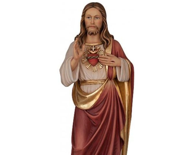 Sacred Heart of Jesus the Savior statue, carved in Valgardena wood and hand decorated, Italian artisan production