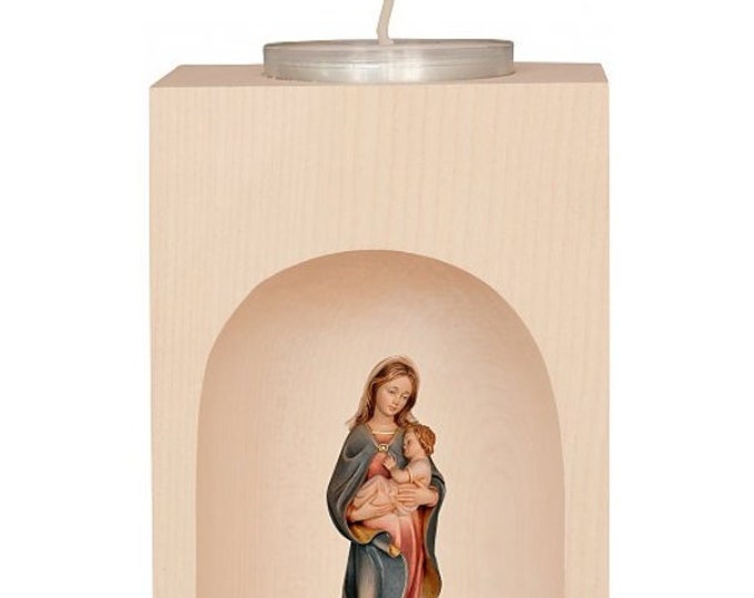 Candle holder with sculpture of the Madonna with baby Jesus, carved in Valgardena wood, hand decorated, Italian production