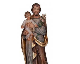 Statue of Saint Joseph with baby Jesus carved in Valgardena wood, hand-decorated and handcrafted in Italy.