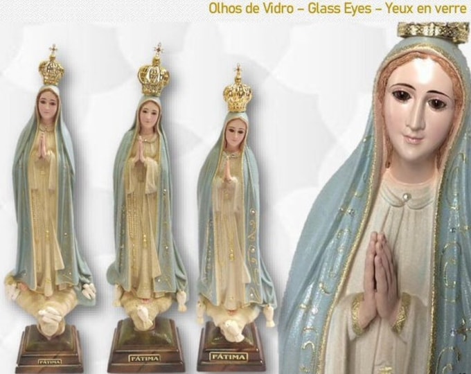 Statue of Our Lady of Fatima in glass resin, with glass eyes, hand-decorated with granite effect finish, handcrafted