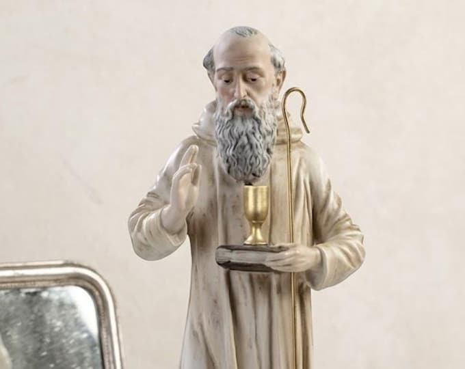 Statue of Saint Benedict of Norcia, 43 cm (16.92 inches) in alabaster powder, wooden base, hand-decorated, made in Italy