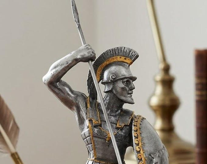 Classical sculpture of a Spartan warrior in combat, 16 cm (6.29 inches) in solid pewter, hand-decorated, artisanal, made in Italy