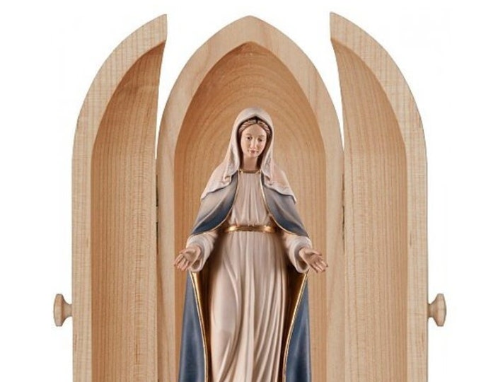 Statue of the Miraculous Madonna of Graces in a niche, carved in Valgardena wood, hand-decorated, made in Italy