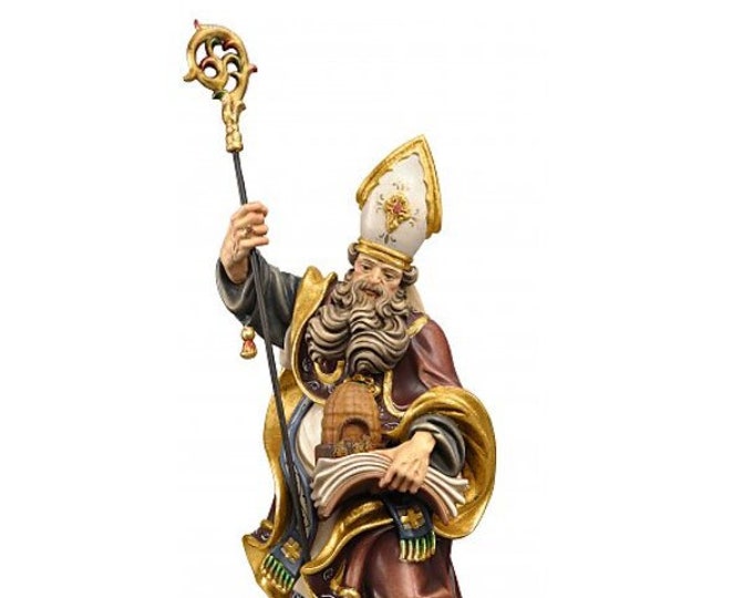 Statue of Saint Ambrose with beehive carved in Valgardena wood and hand-decorated, of Italian artisan production