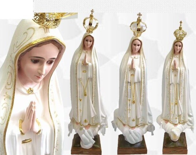Statue of Our Lady of Fatima in fiberglass, with glass eyes, hand-decorated with glitter finish, handcrafted