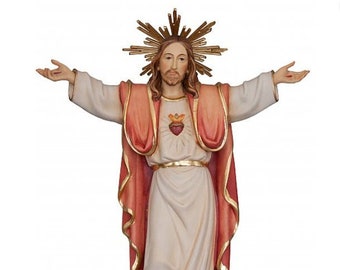 Hanging statue of the Risen Jesus Christ, carved from Valgardena wood, hand-decorated, made in Italy.