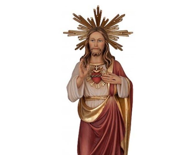 Statue of the Sacred Heart of Jesus with halo, carved in Valgardena wood and hand-decorated, of Italian artisan production
