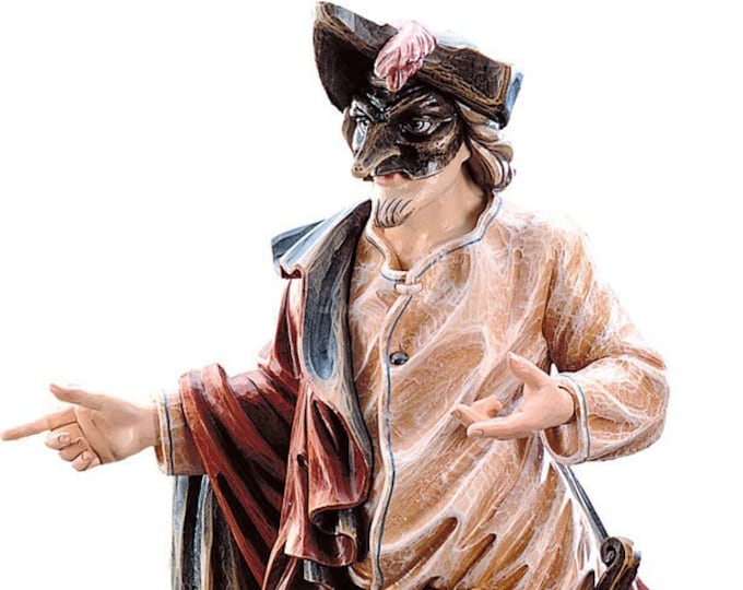 Zani sculpture, Venetian carnival mask carved in Valgardena wood and decorated by hand, of Italian artisan production