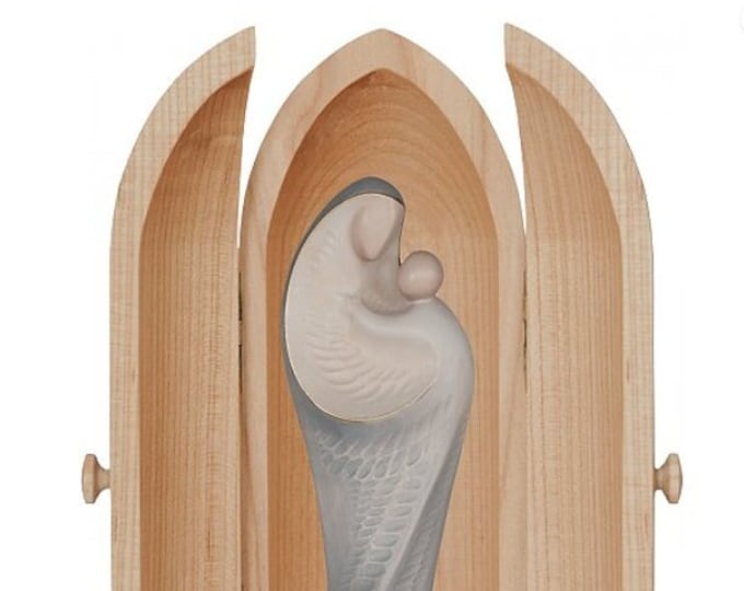 Modern statue of the Madonna with baby Jesus in a niche, carved in Valgardena wood, hand decorated, Italian production
