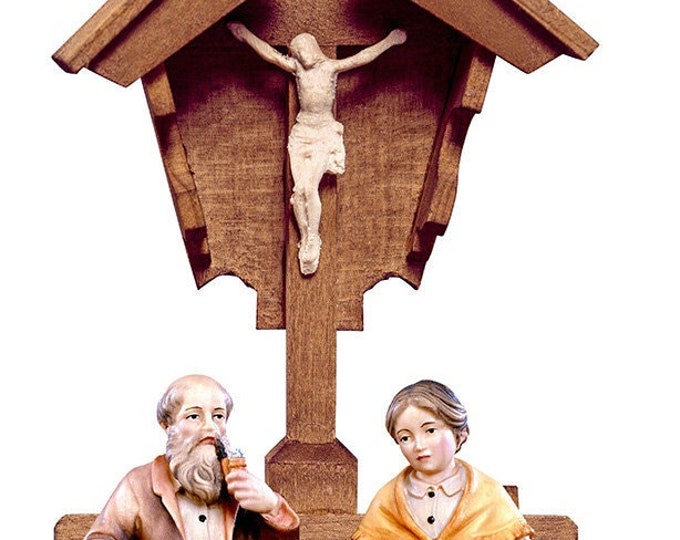 Crucifix with couple of grandparents, carved in wood from Valgardena decorated by hand various sizes Italian production