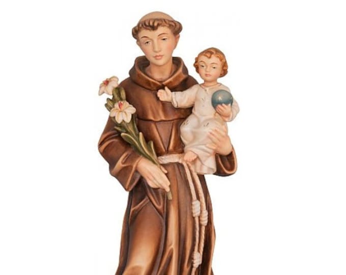 Statue of Saint Anthony of Padua carved in Valgardena wood and hand-decorated, of Italian artisan production