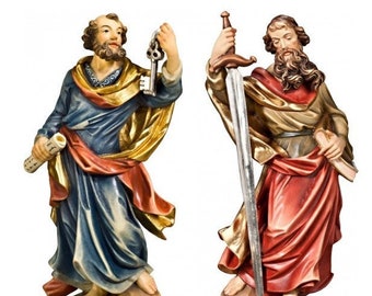 Pair of statues of Saints Peter and Paul carved in Valgardena wood and hand decorated, Italian artisan production