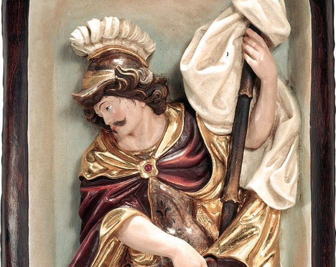 Relief sculpture of St. Florian carved in wood from Valgardena and decorated by hand of Italian artisan production