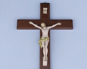 Crucifix cross to hang, in wood and resin marble decorated by hand of Italian artisan production
