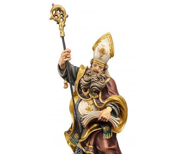 Statue of Saint Adolf with book carved in Valgardena wood and hand-decorated, of Italian artisan production