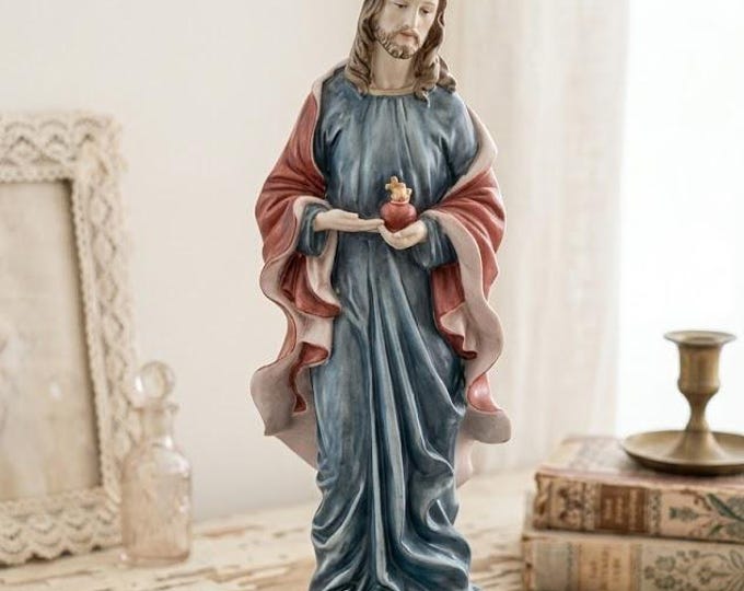 Statue of the Sacred Heart of Jesus, 40 cm (15.74 inches) in alabaster powder, wooden base, hand-decorated, made in Italy