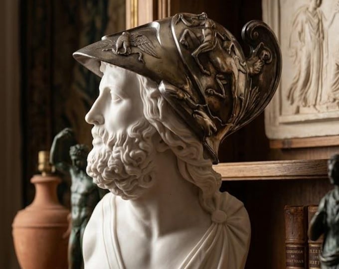 Classical sculpture "Bust of Menelaus" made of alabaster powder, marble base, 58 cm (22.83 inch) Made in Italy