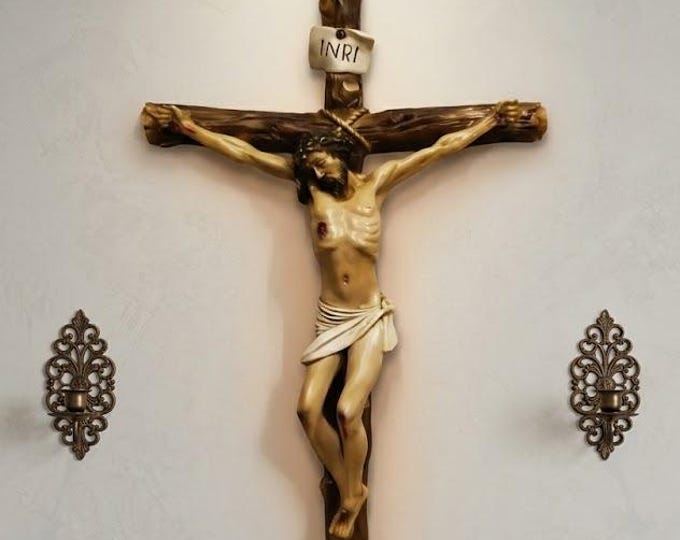 Hanging cross crucifix, 53 x 31 cm (20.86 x 12.20 inches) in hand-decorated resin marble, artisanal production