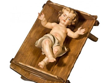 Sculpture statue of baby Jesus with cradle, carved in Valgardena wood and hand-decorated, of Italian artisan production