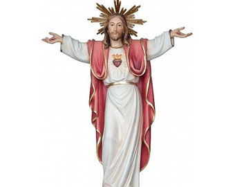 Sacred Heart of Jesus statue on the roof of the world, carved in Valgardena wood and hand-decorated, Italian artisan production.