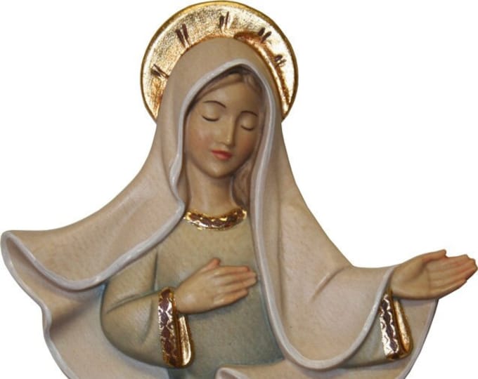 Sculpture of Our Lady of Medjugorje to hang carved in wood from Valgardena decorated by hand of Italian artisan production