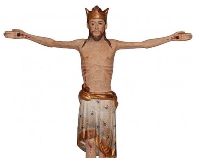 Romanesque Christ the King body statue to hang, carved in Valgardena wood and hand-decorated, of Italian artisan production
