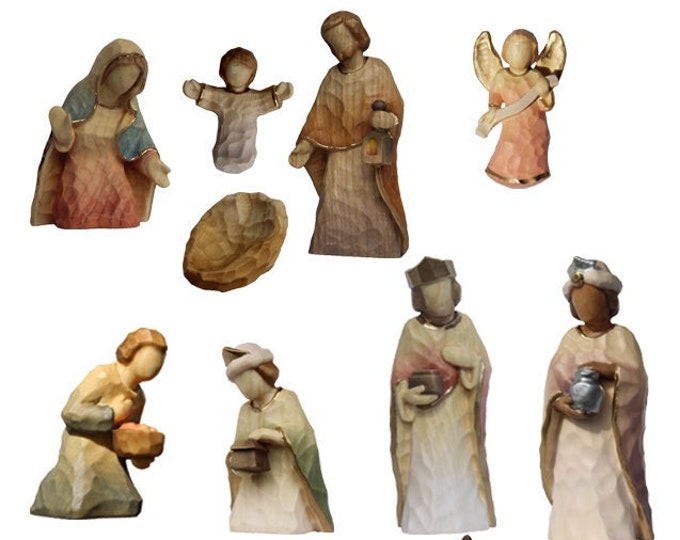 Complete nativity scene 14 pieces carved in Valgardena wood, decorated by hand, various sizes, Italian artisan production