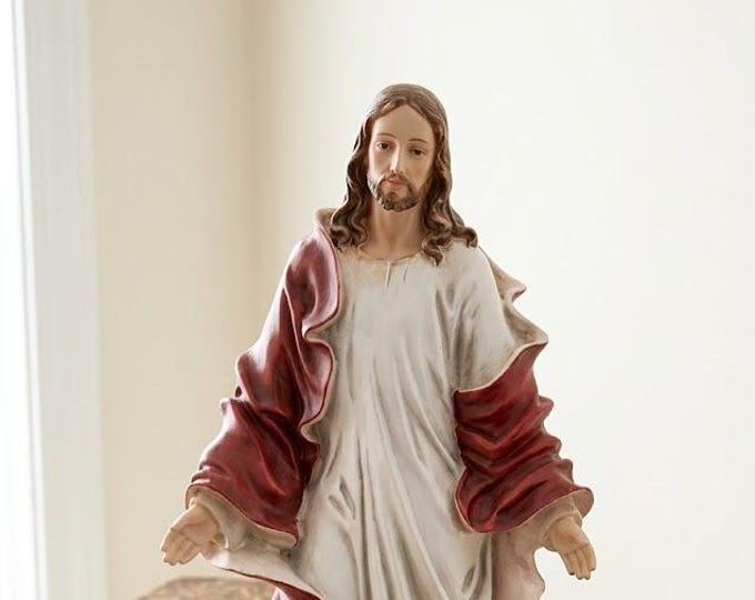 Statue of Jesus Christ, Baroque style, 43 cm (16.92 inches) in alabaster powder, wooden base, hand-decorated, made in Italy