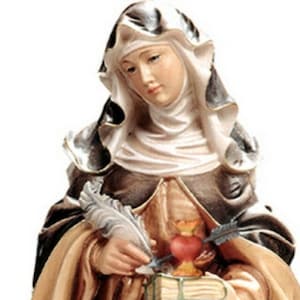 Estatua de Santa Teresa de Ávila tallada en madera de Valgardena y decorada a mano, de producción artesanal italiana