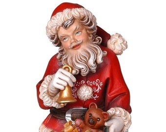 Sculpture of Santa Claus with bell carved in Val Gardena wood and decorated by hand of Italian artisan production