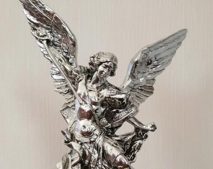Statue of Saint Michael the Archangel, 30 cm (11.81 inches), made of marble powder and silver-colored foil, handcrafted in Italy.