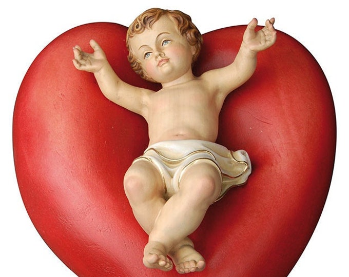 Sculpture statue of baby Jesus on heart, carved in Valgardena wood and hand decorated, Italian artisan production