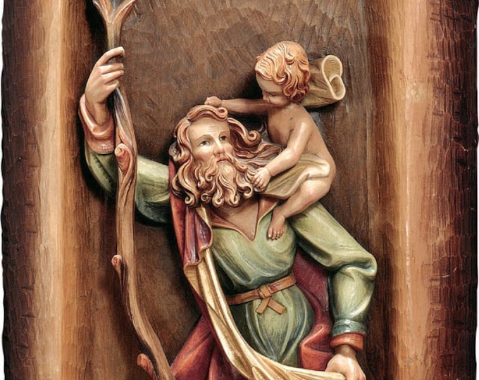 Relief sculpture of St. Christopher carved in wood from Valgardena and decorated by hand of Italian artisan production