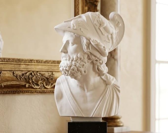 Classical sculpture "Bust of Menelaus" made of alabaster powder, marble base, 58 cm (22.83 inch) Made in Italy