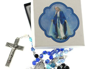 Rosary of the Miraculous Madonna, 45 cm, with half-crystal beads and deluxe case, handcrafted in Italy.