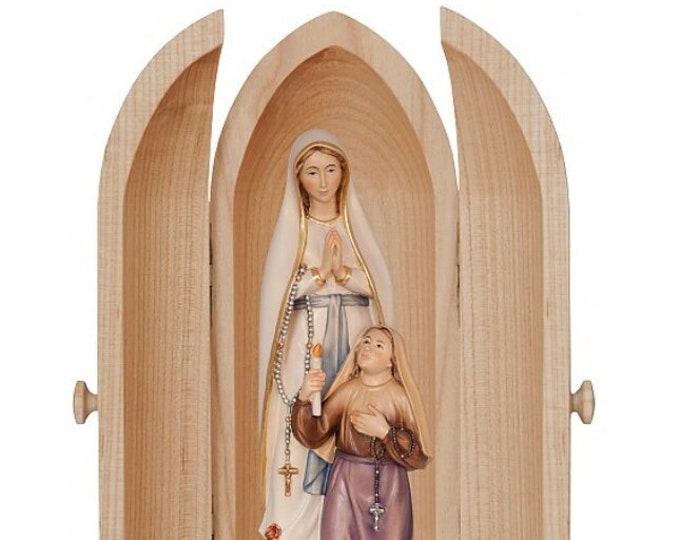 Statue of Our Lady of Lourdes and Bernadette with niche, carved in Valgardena wood, hand decorated, Italian production