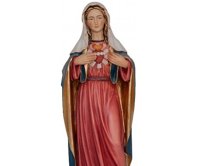 Statue of the Madonna Sacred Heart of Mary, carved in wood from Valgardena and decorated by hand, of Italian artisan production