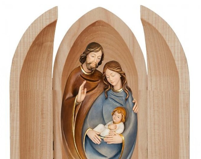 Statue of the Holy Family in a niche, carved in hand-decorated Valgardena wood, Italian production