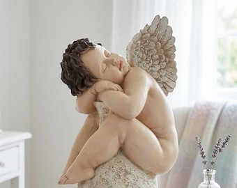 Angel statue 61 x 32 cm (24.01 x 12.59 inches) in hand-decorated resin, artisanal production for outdoor and indoor use.