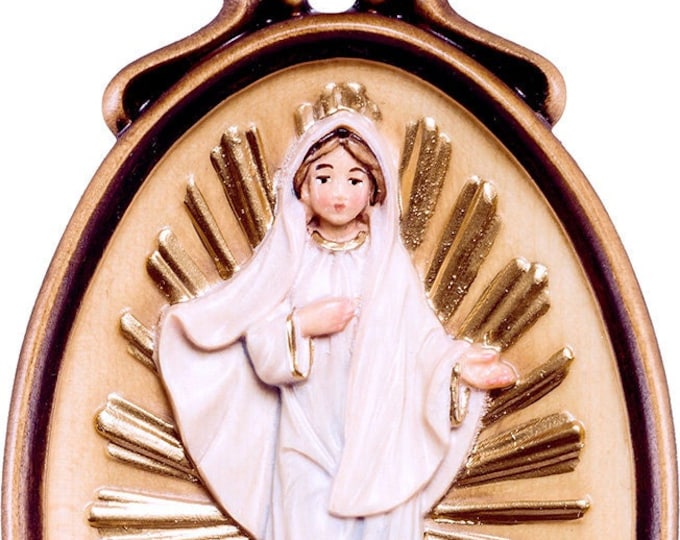 Medal of Our Lady of Medjugorje carved in wood from Valgardena and decorated by hand of Italian artisan production
