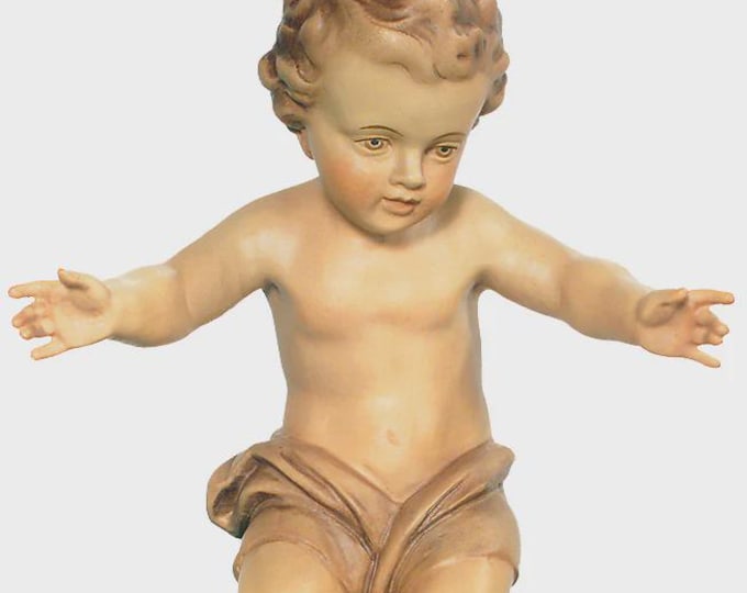 Baby Jesus sculpture statue, carved from Valgardena wood and hand-decorated, Italian artisan production.