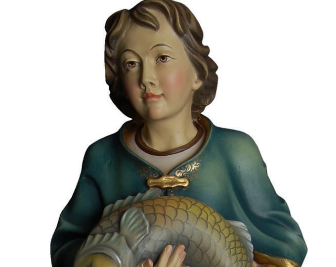 Statue of San Tobia carved in wood from Valgardena and decorated by hand of Italian artisan production