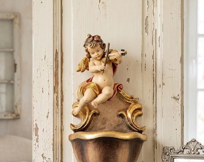 Holy water stoup with angel, carved in Valgardena wood, hand-decorated with oil colors and gold leaf, made in Italy