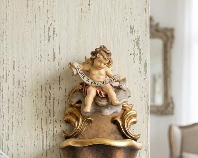 Holy water stoup with angel, carved in Valgardena wood, hand-decorated with oil colors and gold leaf, made in Italy