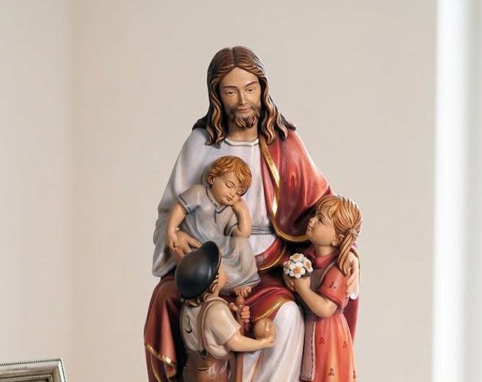 Statue of Jesus with children, carved in Valgardena wood and hand-decorated, Italian artisan production.