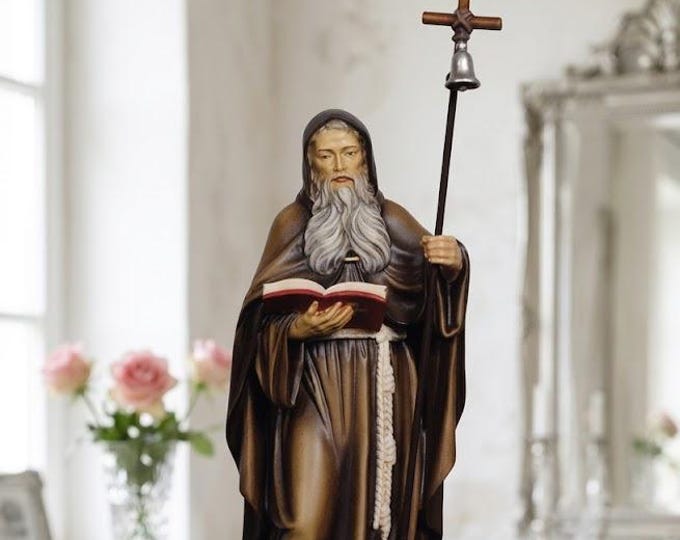 Statue of Saint Anthony the Abbot carved from Valgardena wood and hand-decorated, handcrafted in Italy.