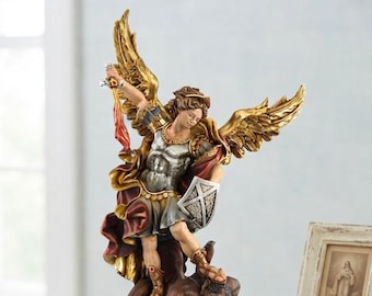 Statue of St. Michael the Archangel carved from Valgardena wood and hand-decorated, handcrafted in Italy.