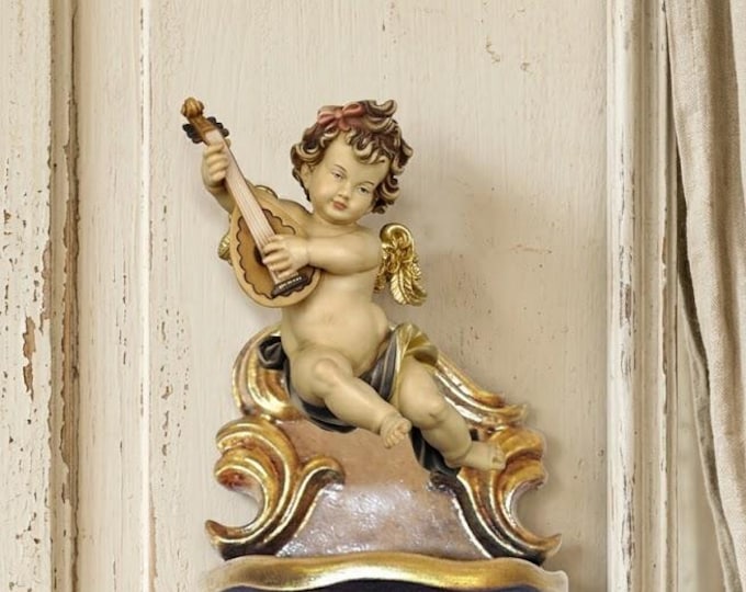Holy water stoup with angel, carved in Valgardena wood, hand-decorated with oil colors and gold leaf, made in Italy