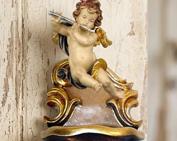 Holy water stoup with angel, carved in Valgardena wood, hand-decorated with oil colors and gold leaf, made in Italy