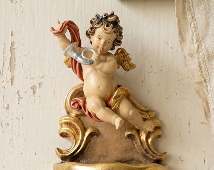 Holy water stoup with angel, carved in Valgardena wood, hand-decorated with oil colors and gold leaf, made in Italy